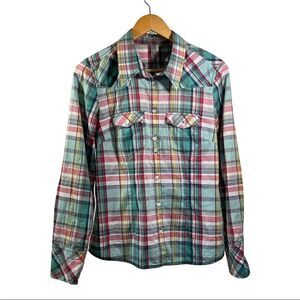JENSEN Women’s Dessin Cotton Plaid Button Down Shirt Blue/Pink Size 38/Medium
